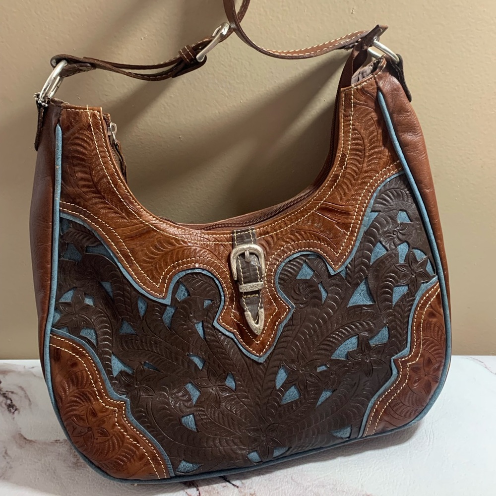 American West Handbag Hand Tooled Embossed 100% Genuine Leather Shoulder Bag.